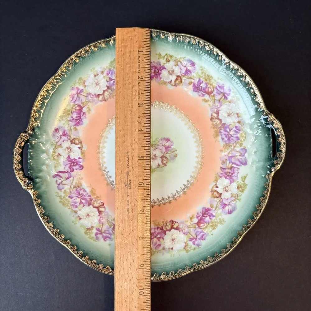 Antique Bavaria Z S & Co Floral Cake Plate Gold Trim Handles‎ Green Pink Peach
